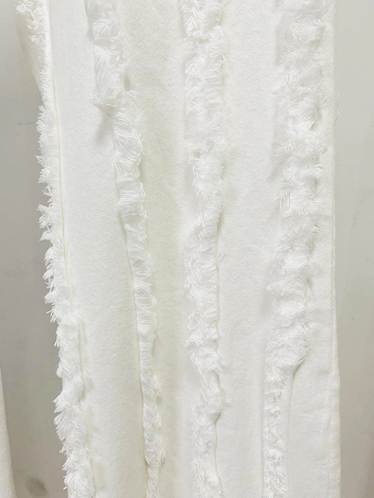 Women's White Denim Fringe Tassel Blazer with Padded Shoulders + Flare Trousers