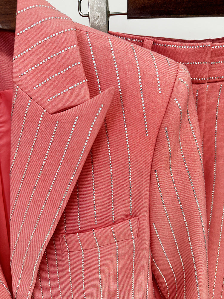 Women Loose Fit Pink Suit with Diamonds Strips - Blazer + Pants / Trousers