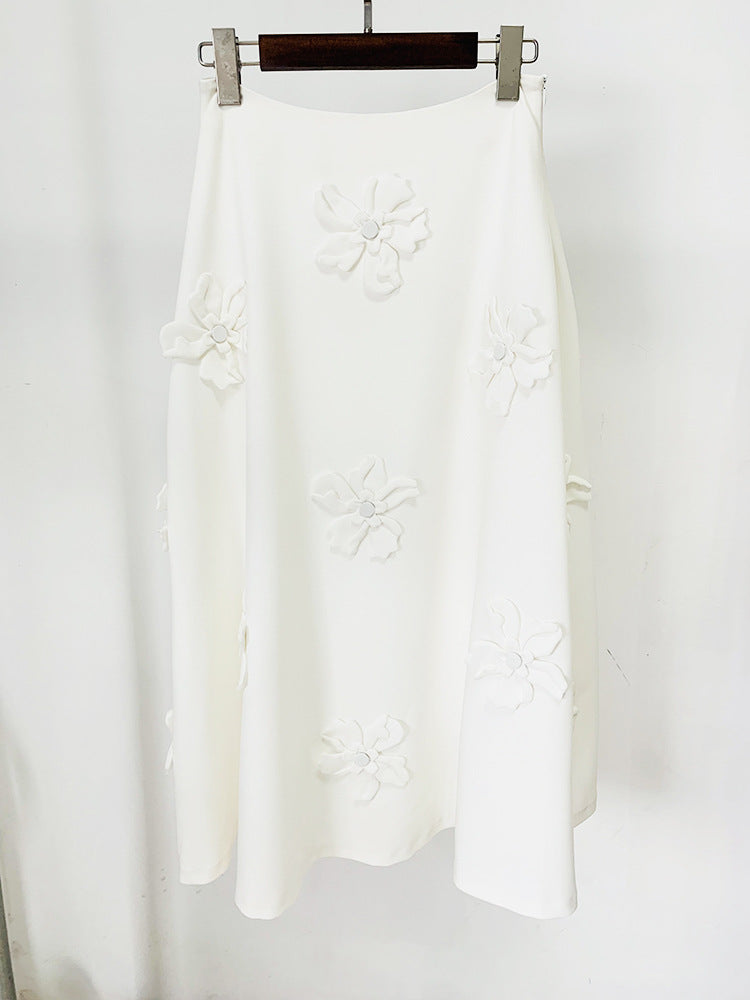 White 3D Flowers Embroidery Crop Top + Long Flare Skirt Suit