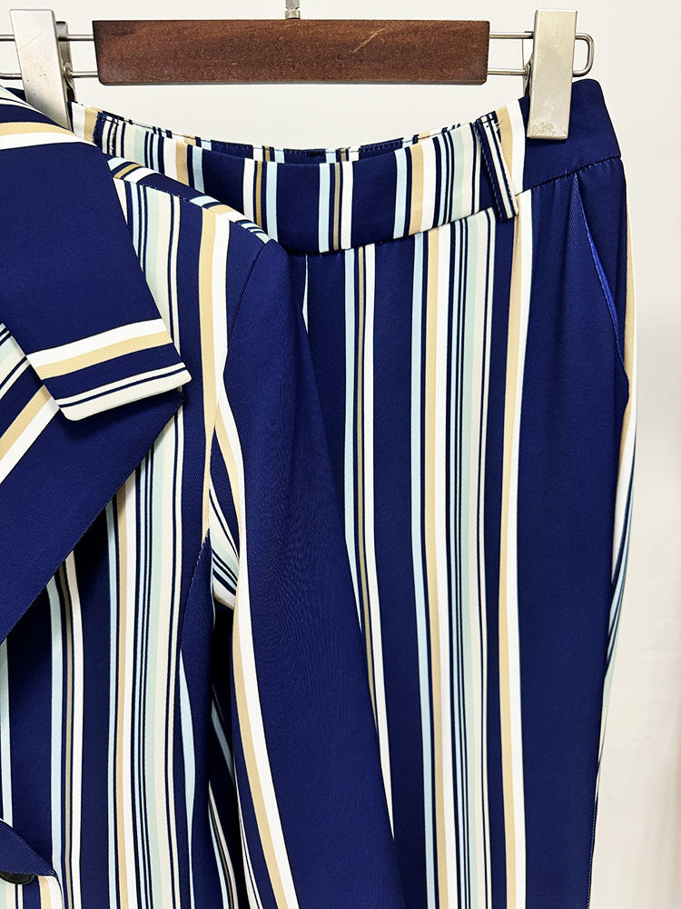 Blue Navy Stripped Suit Loose Blazer + Fitted Flare Trousers Pants Suit