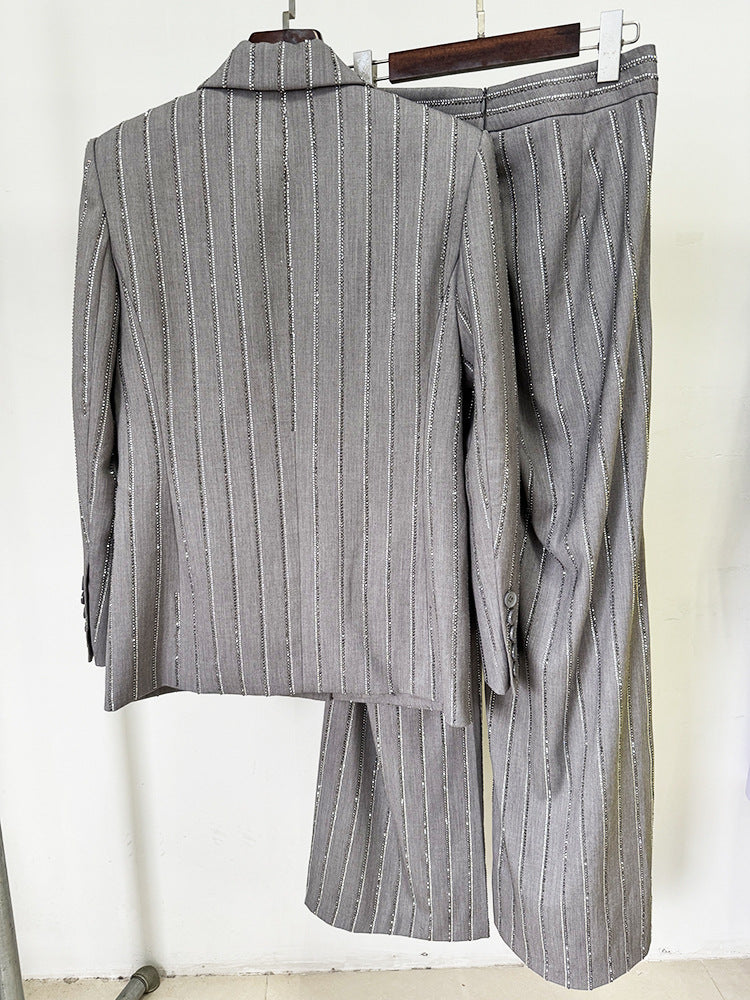 Grey Loose Fit Blazer + Wide Leg Trousers Pants Suit with Rhinestone