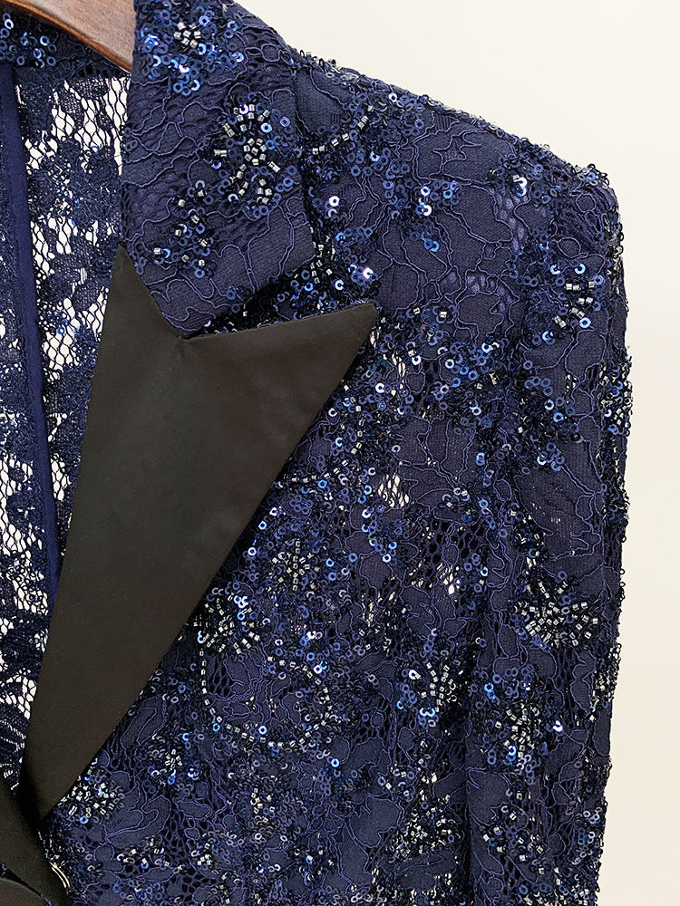 Women Sequinned Mesh Lace Bohemian Style+ Flare Trousers Pants Navy Suit