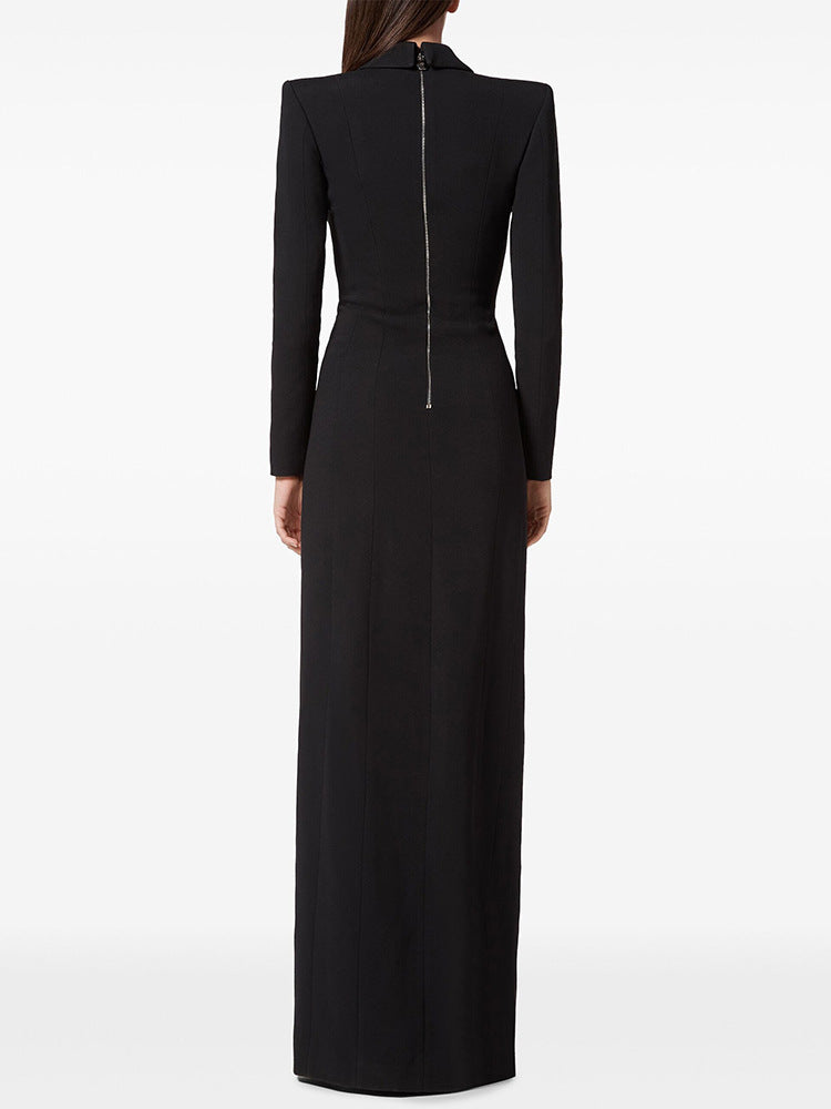 Black Extra Long Gown – Blazer Style Maxi Dress with Statement Jewellery