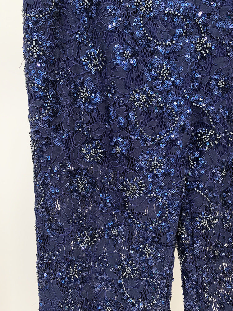 Women Sequinned Mesh Lace Bohemian Style+ Flare Trousers Pants Navy Suit