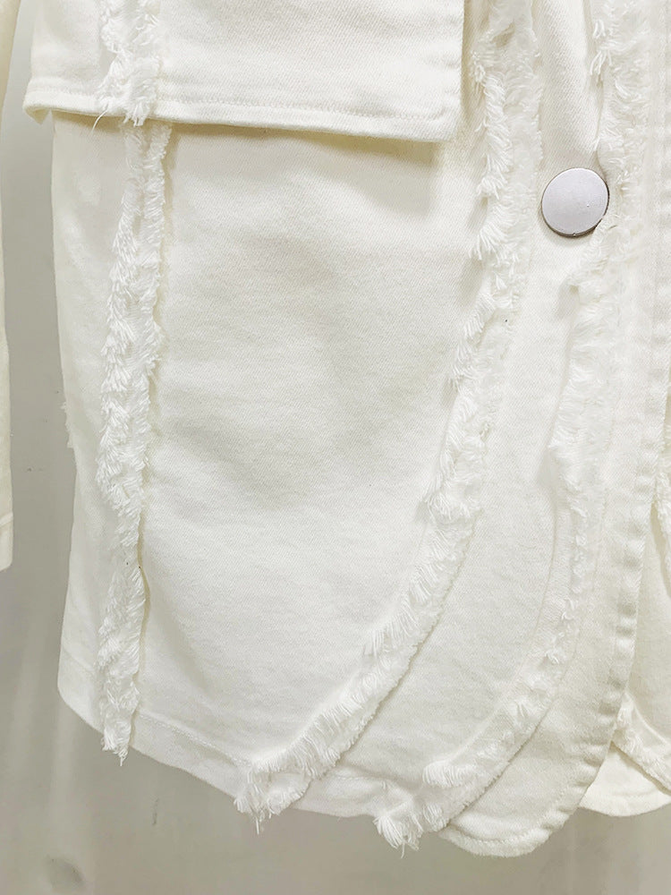 Women's White Denim Fringe Tassel Blazer with Padded Shoulders + Flare Trousers
