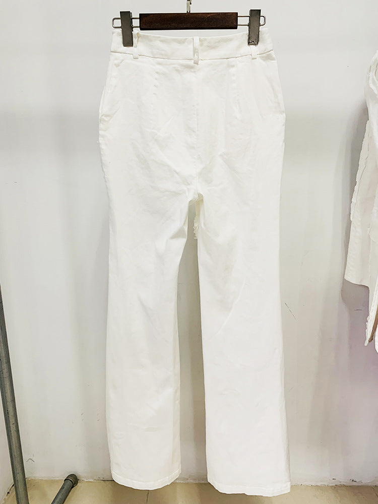 Women's White Denim Fringe Tassel Blazer with Padded Shoulders + Flare Trousers