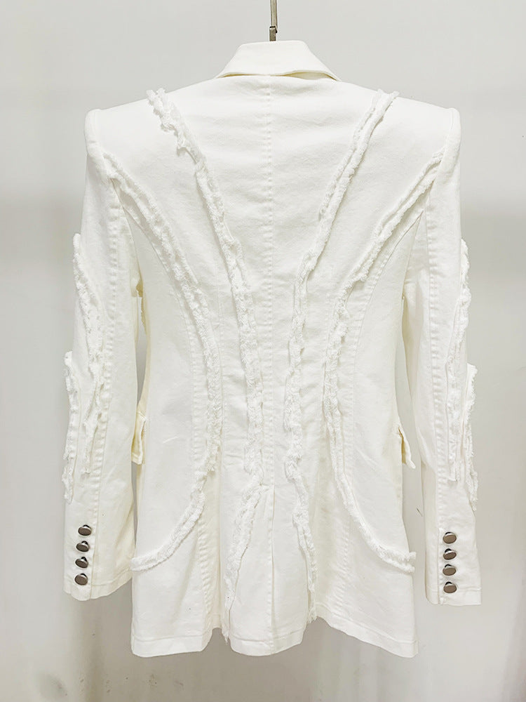 Women's White Denim Fringe Tassel Blazer with Padded Shoulders + Flare Trousers