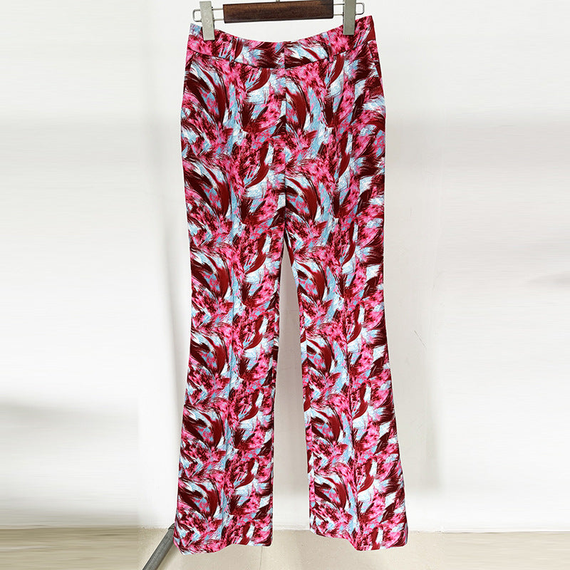 Women's Hot Pink Feather Floral 3/4 Sleeves Jacket + Flare Trousers Pants Suit