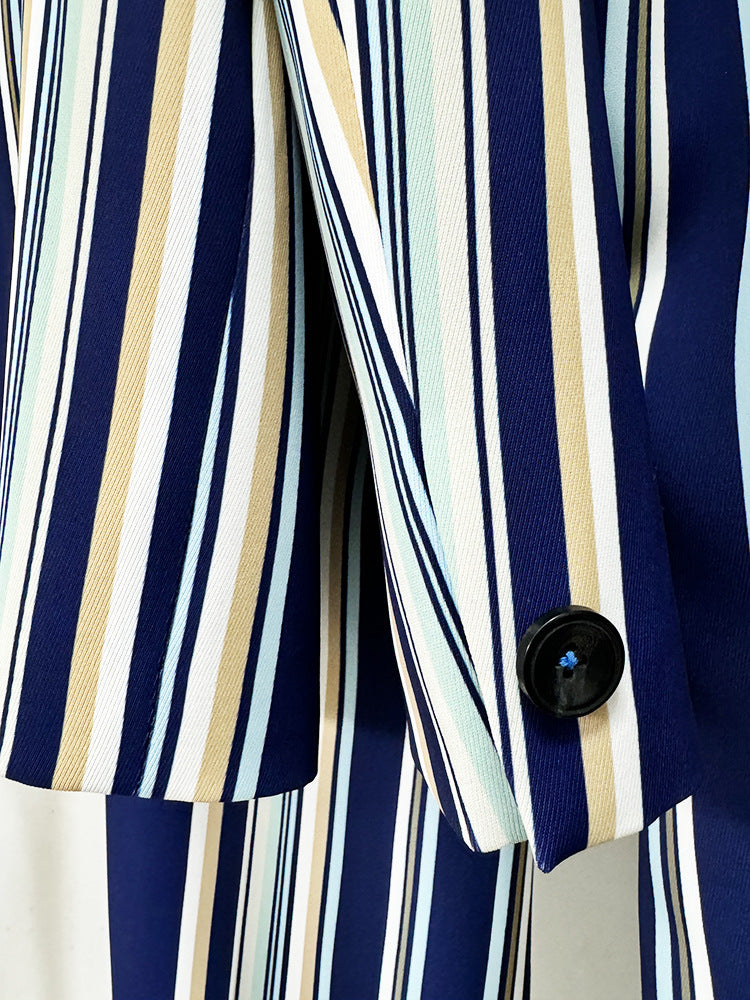 Blue Navy Stripped Suit Loose Blazer + Fitted Flare Trousers Pants Suit