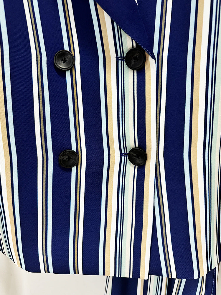 Blue Navy Stripped Suit Loose Blazer + Fitted Flare Trousers Pants Suit