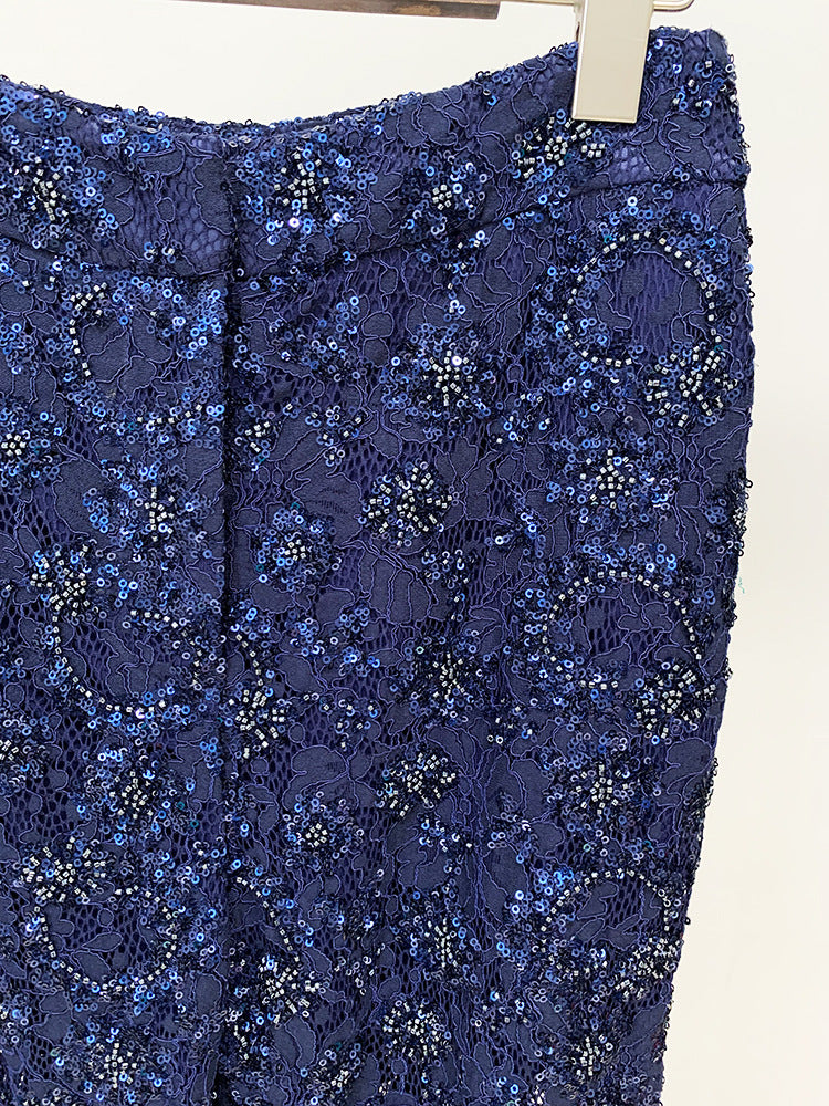 Women Sequinned Mesh Lace Bohemian Style+ Flare Trousers Pants Navy Suit