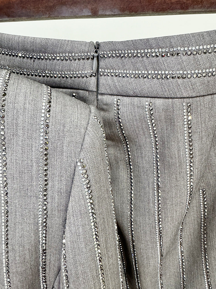 Grey Loose Fit Blazer + Wide Leg Trousers Pants Suit with Rhinestone