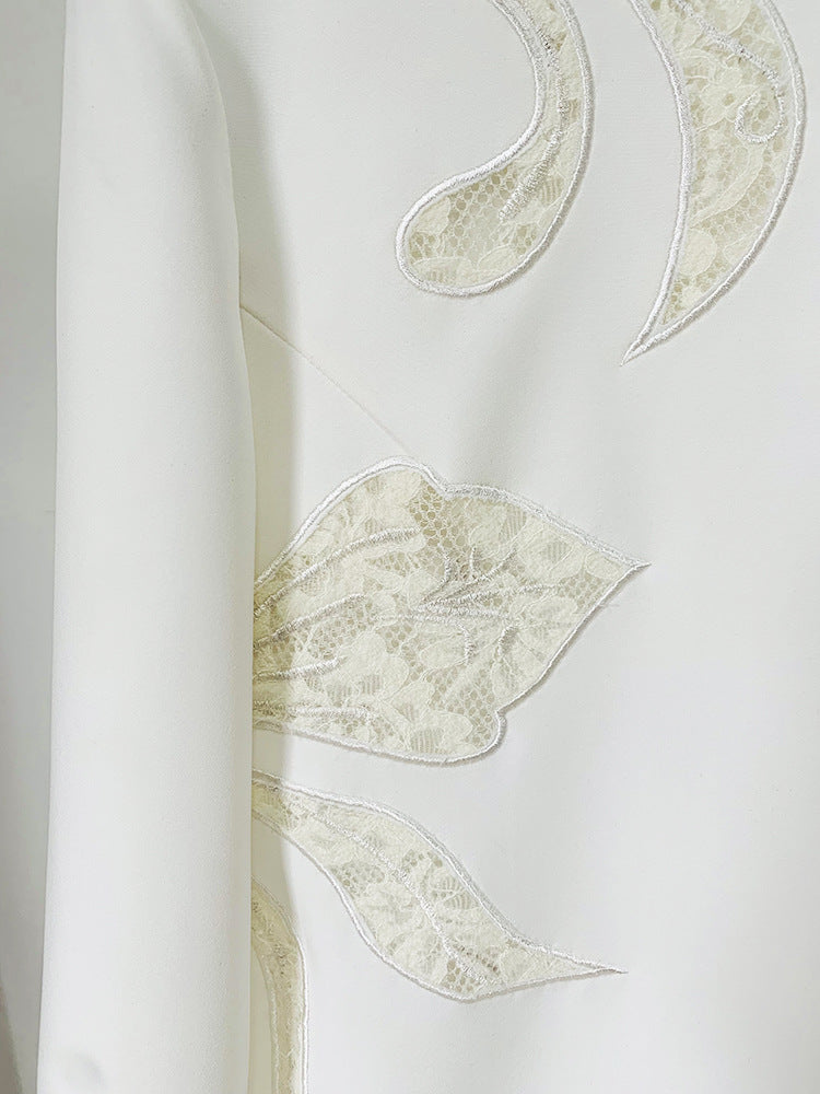 Women White Pants Suit Lace Cut Out Decor Top + Flare Trousers