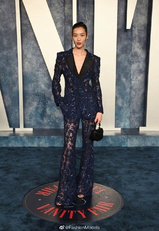 Women Sequinned Mesh Lace Bohemian Style+ Flare Trousers Pants Navy Suit