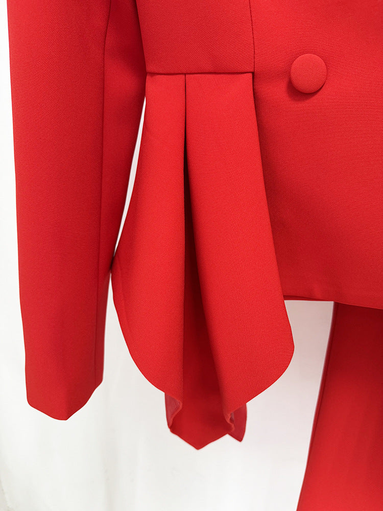Women's Red Fit & Flare Jacket + Flare Trousers Pants Suit
