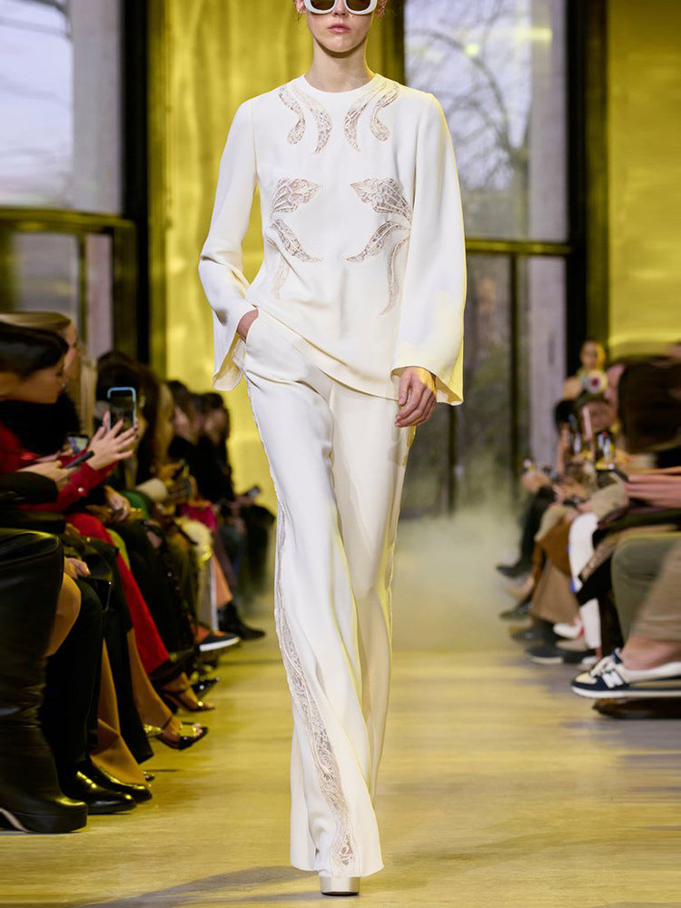 Women White Pants Suit Lace Cut Out Decor Top + Flare Trousers