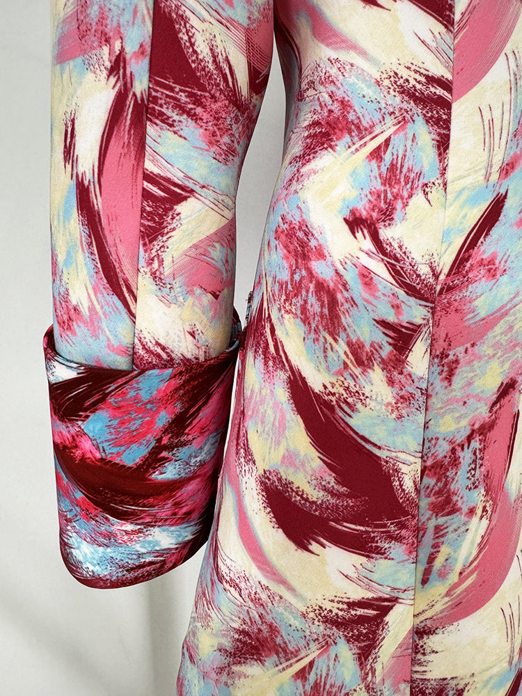 Women's Hot Pink Feather Floral 3/4 Sleeves Jacket + Flare Trousers Pants Suit