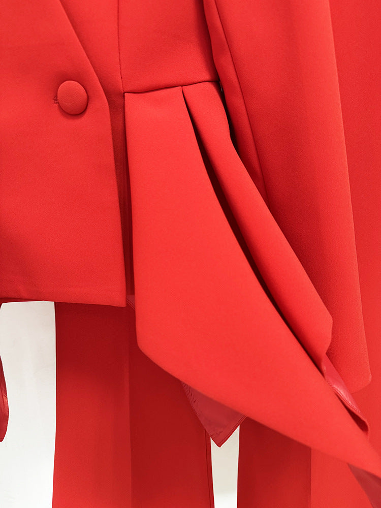 Women's Red Fit & Flare Jacket + Flare Trousers Pants Suit