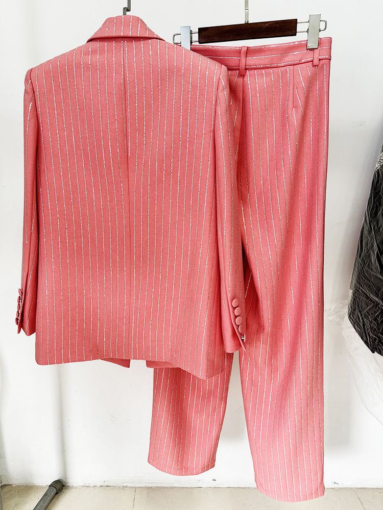Women Loose Fit Pink Suit with Diamonds Strips - Blazer + Pants / Trousers