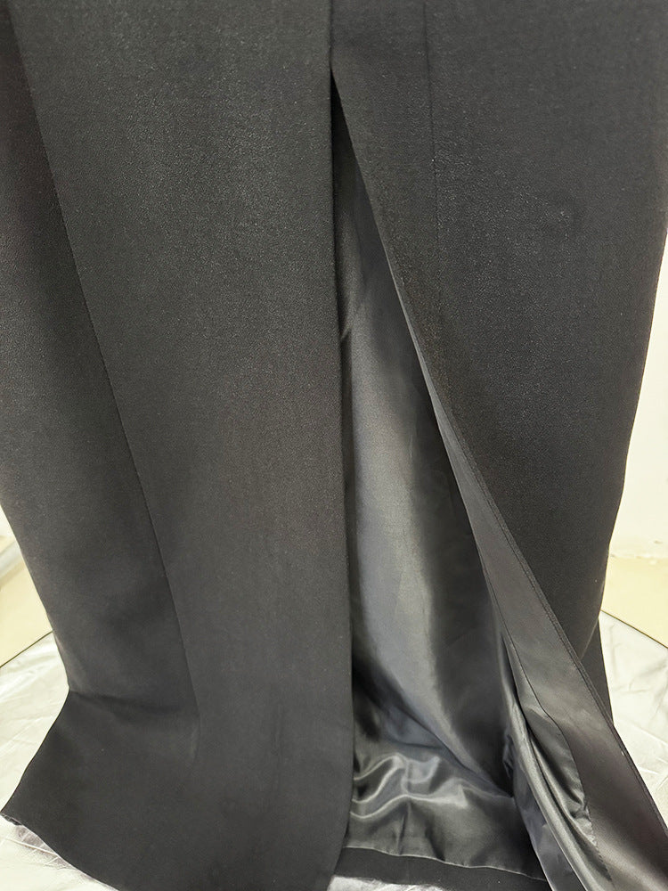 Black Extra Long Gown – Blazer Style Maxi Dress with Statement Jewellery