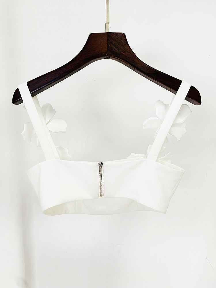 White 3D Flowers Embroidery Crop Top + Long Flare Skirt Suit