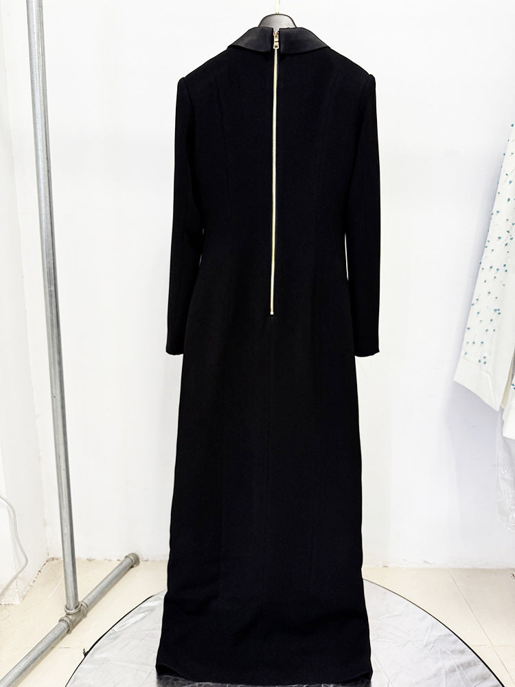 Black Extra Long Gown – Blazer Style Maxi Dress with Statement Jewellery