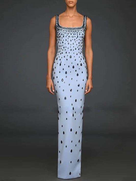 Blue Beaded Rhinestone Bodycon Maxi Dress Sleeveless Gown