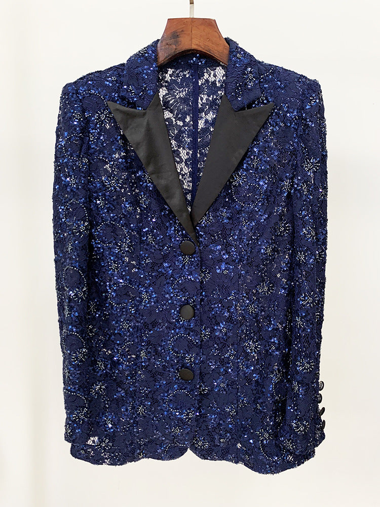 Women Sequinned Mesh Lace Bohemian Style+ Flare Trousers Pants Navy Suit