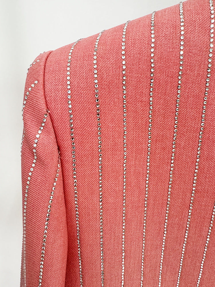 Women Loose Fit Pink Suit with Diamonds Strips - Blazer + Pants / Trousers