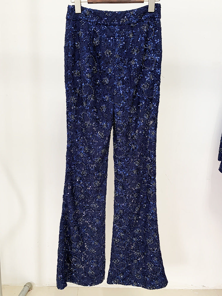Women Sequinned Mesh Lace Bohemian Style+ Flare Trousers Pants Navy Suit