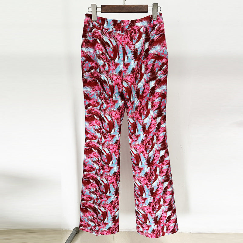 Women's Hot Pink Feather Floral 3/4 Sleeves Jacket + Flare Trousers Pants Suit
