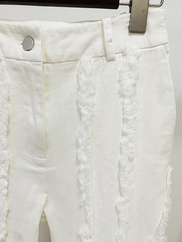 Women's White Denim Fringe Tassel Blazer with Padded Shoulders + Flare Trousers