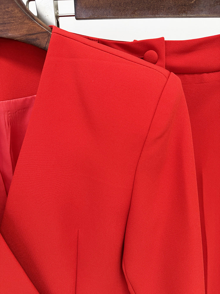 Women's Red Fit & Flare Jacket + Flare Trousers Pants Suit