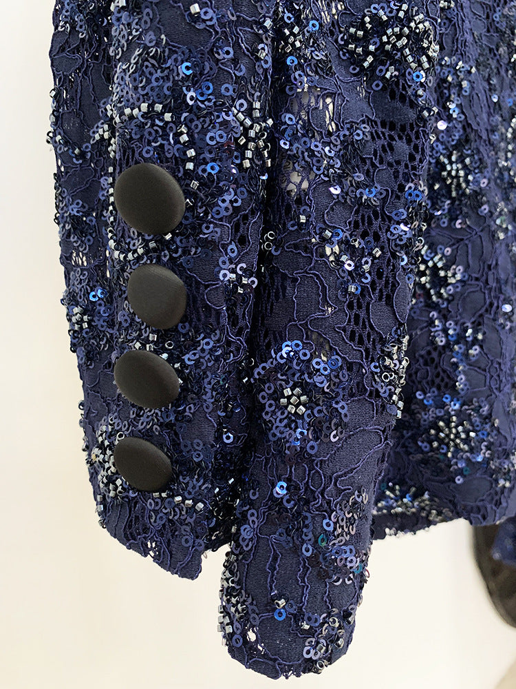 Women Sequinned Mesh Lace Bohemian Style+ Flare Trousers Pants Navy Suit