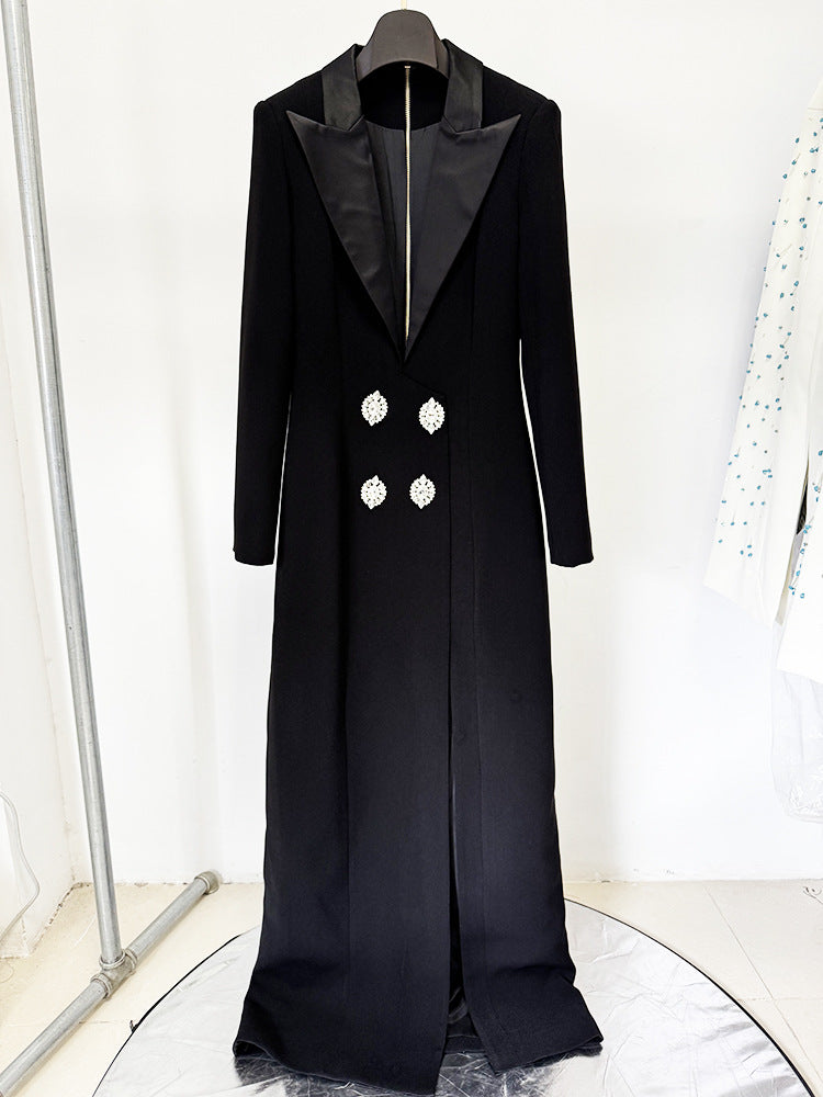 Black Extra Long Gown – Blazer Style Maxi Dress with Statement Jewellery