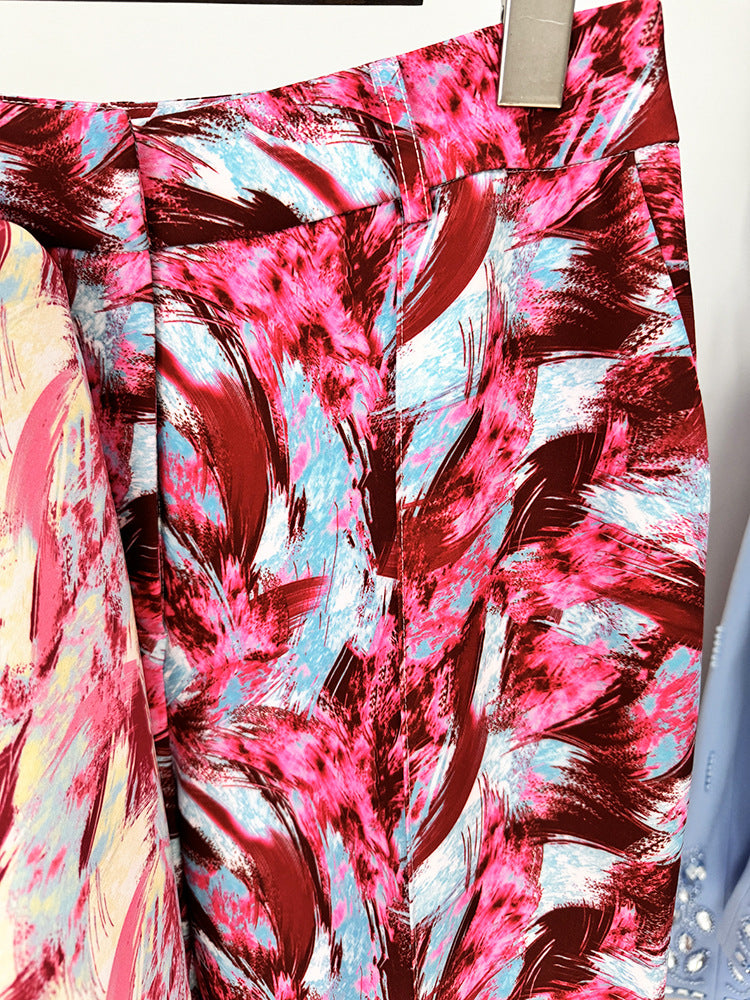 Women's Hot Pink Feather Floral 3/4 Sleeves Jacket + Flare Trousers Pants Suit