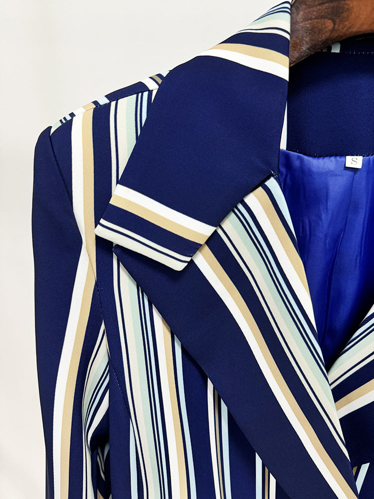 Blue Navy Stripped Suit Loose Blazer + Fitted Flare Trousers Pants Suit
