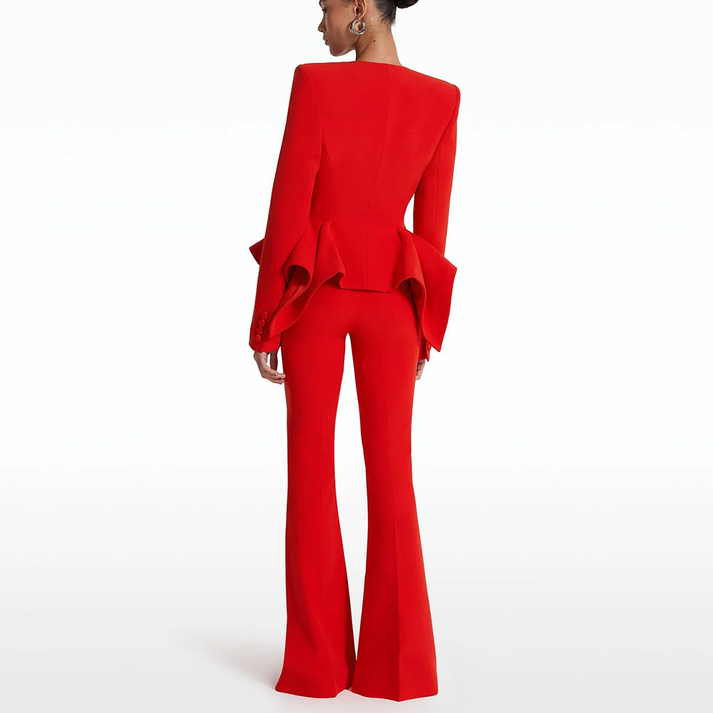 Women's Red Fit & Flare Jacket + Flare Trousers Pants Suit