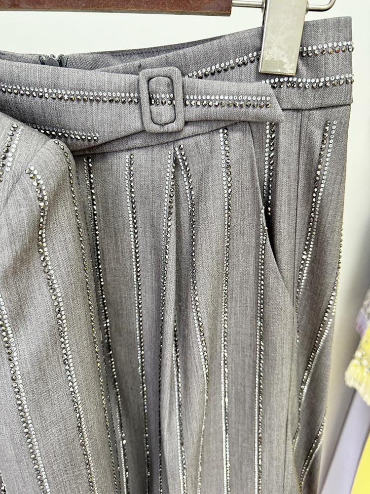 Grey Loose Fit Blazer + Wide Leg Trousers Pants Suit with Rhinestone