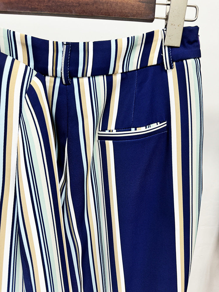Blue Navy Stripped Suit Loose Blazer + Fitted Flare Trousers Pants Suit