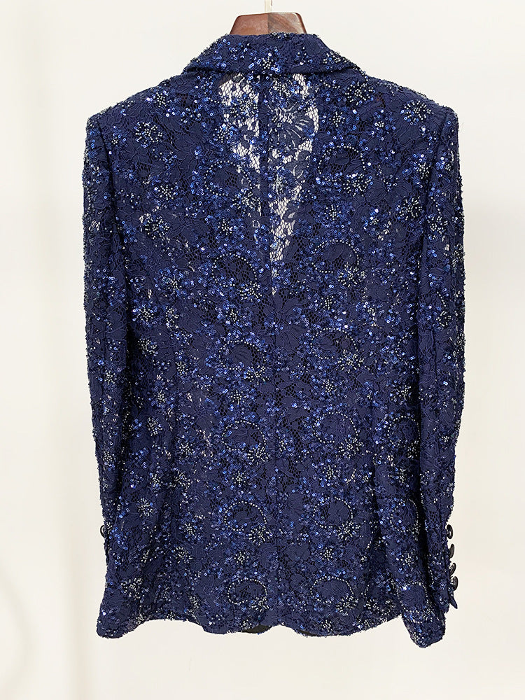 Women Sequinned Mesh Lace Bohemian Style+ Flare Trousers Pants Navy Suit