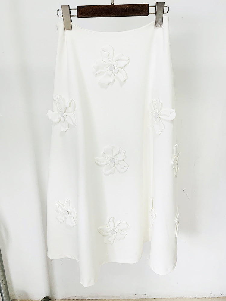 White 3D Flowers Embroidery Crop Top + Long Flare Skirt Suit