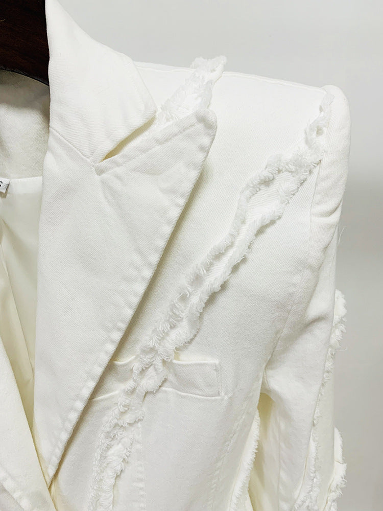 Women's White Denim Fringe Tassel Blazer with Padded Shoulders + Flare Trousers
