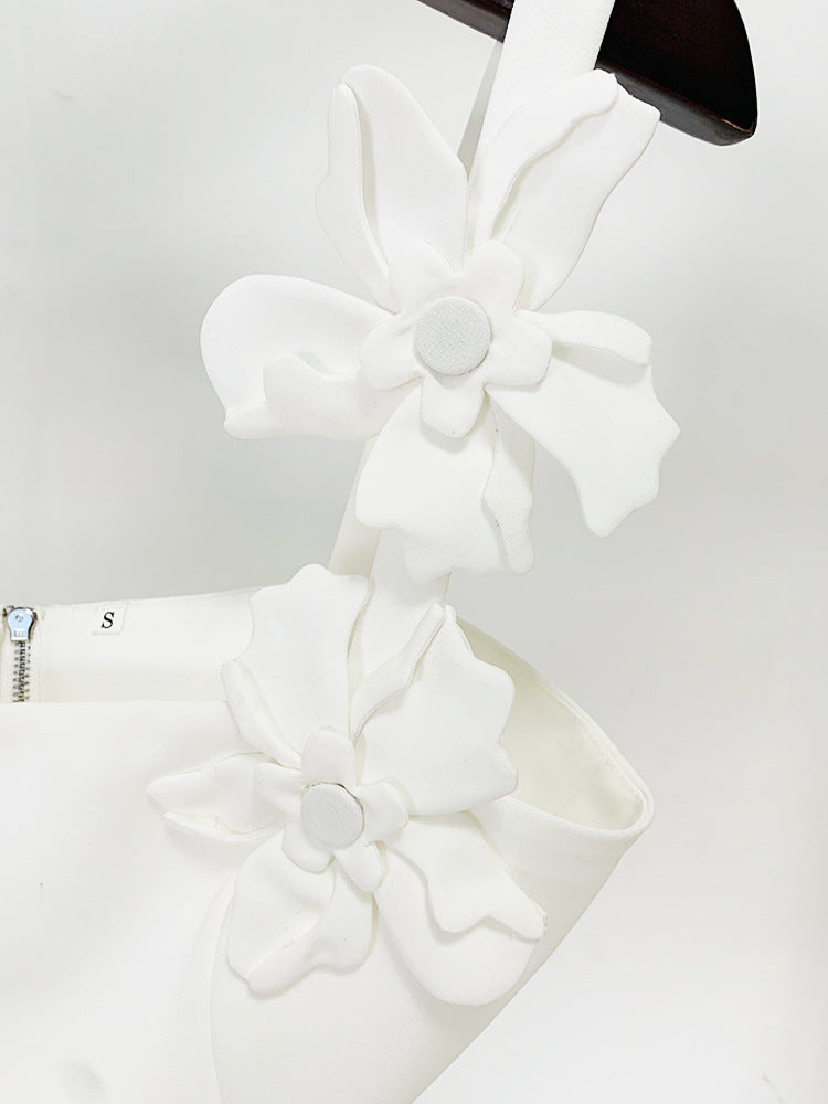 White 3D Flowers Embroidery Crop Top + Long Flare Skirt Suit