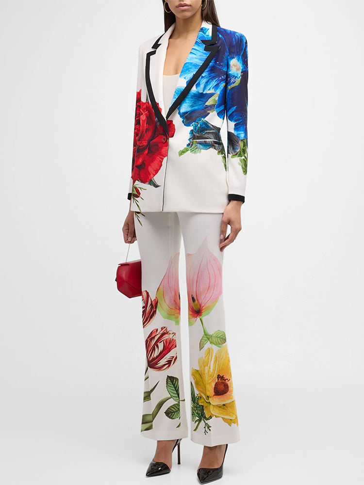 Women Multi Color Flowers Pants Suit Fitted Blazer Flare Trousers