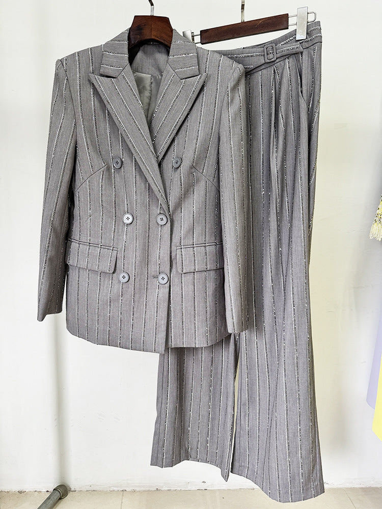 Grey Loose Fit Blazer + Wide Leg Trousers Pants Suit with Rhinestone
