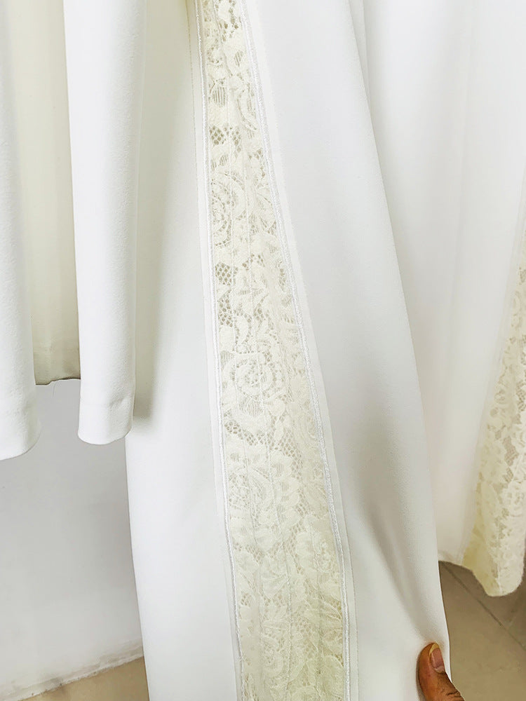 Women White Pants Suit Lace Cut Out Decor Top + Flare Trousers