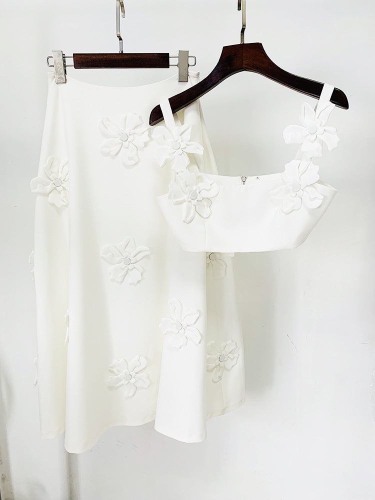 White 3D Flowers Embroidery Crop Top + Long Flare Skirt Suit