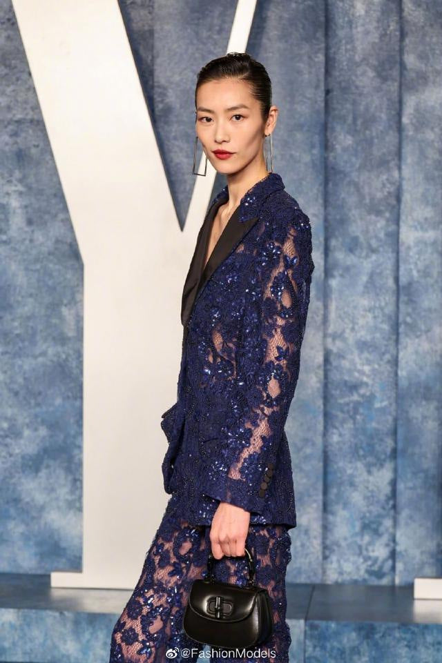 Women Sequinned Mesh Lace Bohemian Style+ Flare Trousers Pants Navy Suit