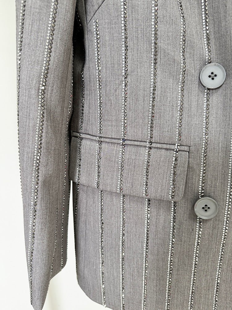 Grey Loose Fit Blazer + Wide Leg Trousers Pants Suit with Rhinestone